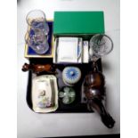 A tray containing miscellaneous to include Thomas Webb crystal whisky tumblers (boxed),