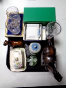 A tray containing miscellaneous to include Thomas Webb crystal whisky tumblers (boxed),