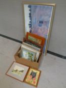 A box containing assorted framed pictures and prints, oil on canvas, woodland scene,
