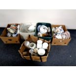 Five boxes containing miscellaneous to include part 19th century tea services, continental figures,