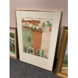 A continental colour print depicting a building, signed in pencil,