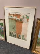 A continental colour print depicting a building, signed in pencil,