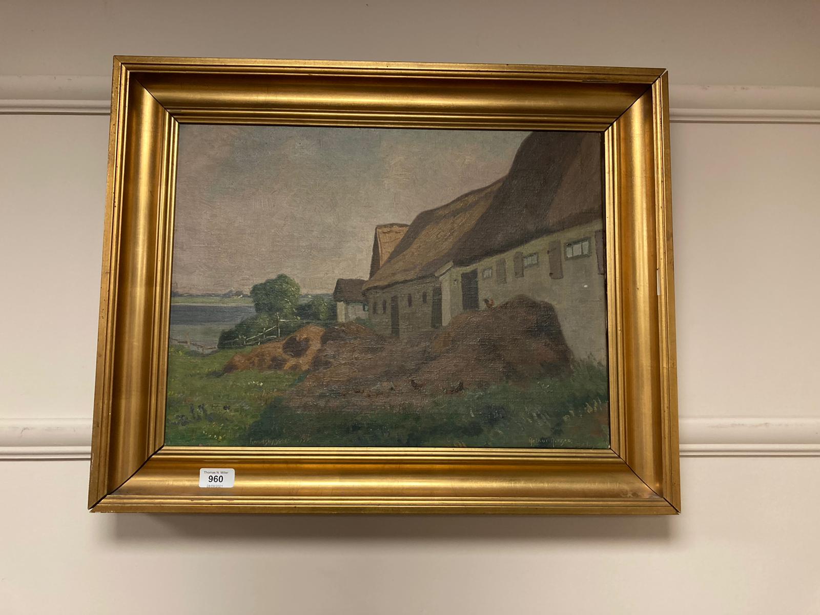 Arthur N Elsen : Chickens by thatched buildings, oil on canvas,