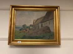 Arthur N Elsen : Chickens by thatched buildings, oil on canvas,