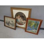 An oak framed tapestry, woodland scene, together with an early 20th century pencil sketch,