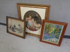 An oak framed tapestry, woodland scene, together with an early 20th century pencil sketch,