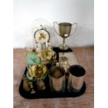 A tray of plated wares to include cigarette box, tankards, trophy,