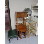 Two bamboo and wicker glass topped tables together with an oak sewing box, nest of three tables,