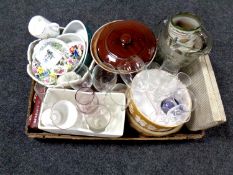 A box containing miscellaneous to include assorted glassware, glazed pottery oven dish,