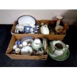 Three boxes containing antique and later miscellaneous china to include Washington Old Willow tea