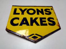 A 20th century double sided enamelled Lyons' cakes sign.