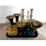 A tray of assorted brass wares to include antique brass candlesticks, Indian brass vases,
