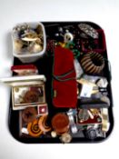 A tray containing a large quantity of costume jewellery and wristwatches