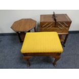 A 20th century oak concertina sewing box together with an upholstered dressing table stool and an