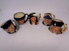 Five small Royal Doulton character jugs to include Don Quixote, Athos,