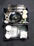 Two baskets of miscellaneous to include stainless steel trays, kitchen pan with lid, Sylvac vases,