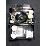 Two baskets of miscellaneous to include stainless steel trays, kitchen pan with lid, Sylvac vases,