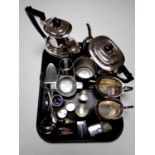 A tray containing a four piece Sheffield plated tea service together with other plated wares,