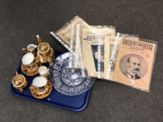 A tray containing Bondware gilt coffee china, miniature Staffordshire commemorative mug,