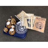 A tray containing Bondware gilt coffee china, miniature Staffordshire commemorative mug,