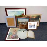 A box containing assorted framed pictures and prints, frameless circular bevel edged mirror,