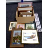 A box containing a quantity of assorted picture frames, framed prints, watercolours, a R. W.
