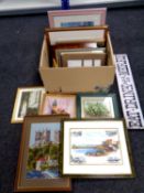 A box containing a quantity of assorted picture frames, framed prints, watercolours, a R. W.