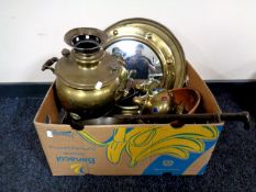 A box of assorted antique and later metal wares to include brass samovar, porthole mirror,