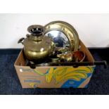 A box of assorted antique and later metal wares to include brass samovar, porthole mirror,