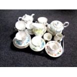 A tray containing assorted tea china to include a seven piece Royal Stafford garland tea for two,