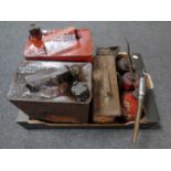 A box of eight assorted vintage oil and petrol cans to include Redex, Pratts, Shell etc,