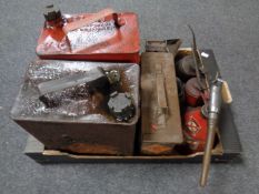 A box of eight assorted vintage oil and petrol cans to include Redex, Pratts, Shell etc,