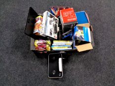 A box containing miscellaneous to include external hard drive, router, portable megaphone,