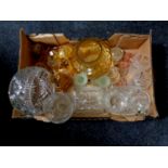 A box containing early 20th century and later glassware to include coloured trinket sets,