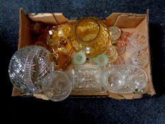 A box containing early 20th century and later glassware to include coloured trinket sets,