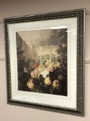 A contemporary print depicting a rose garden, 53 x 61 cm,