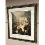 A contemporary print depicting a rose garden, 53 x 61 cm,