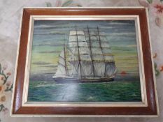 A J Brown oil on board of a tall ship,
