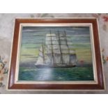 A J Brown oil on board of a tall ship,