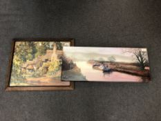K Stout : A river barge, oil on canvas, signed, 30 x 76 cm, on stretcher but unframed,