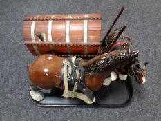 A tray of two china shire horses together with a wooden gypsy caravan