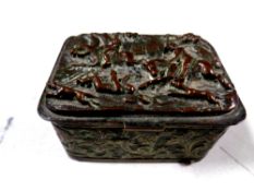 An antique plated embossed snuff box depicting a hunting scene (as found)