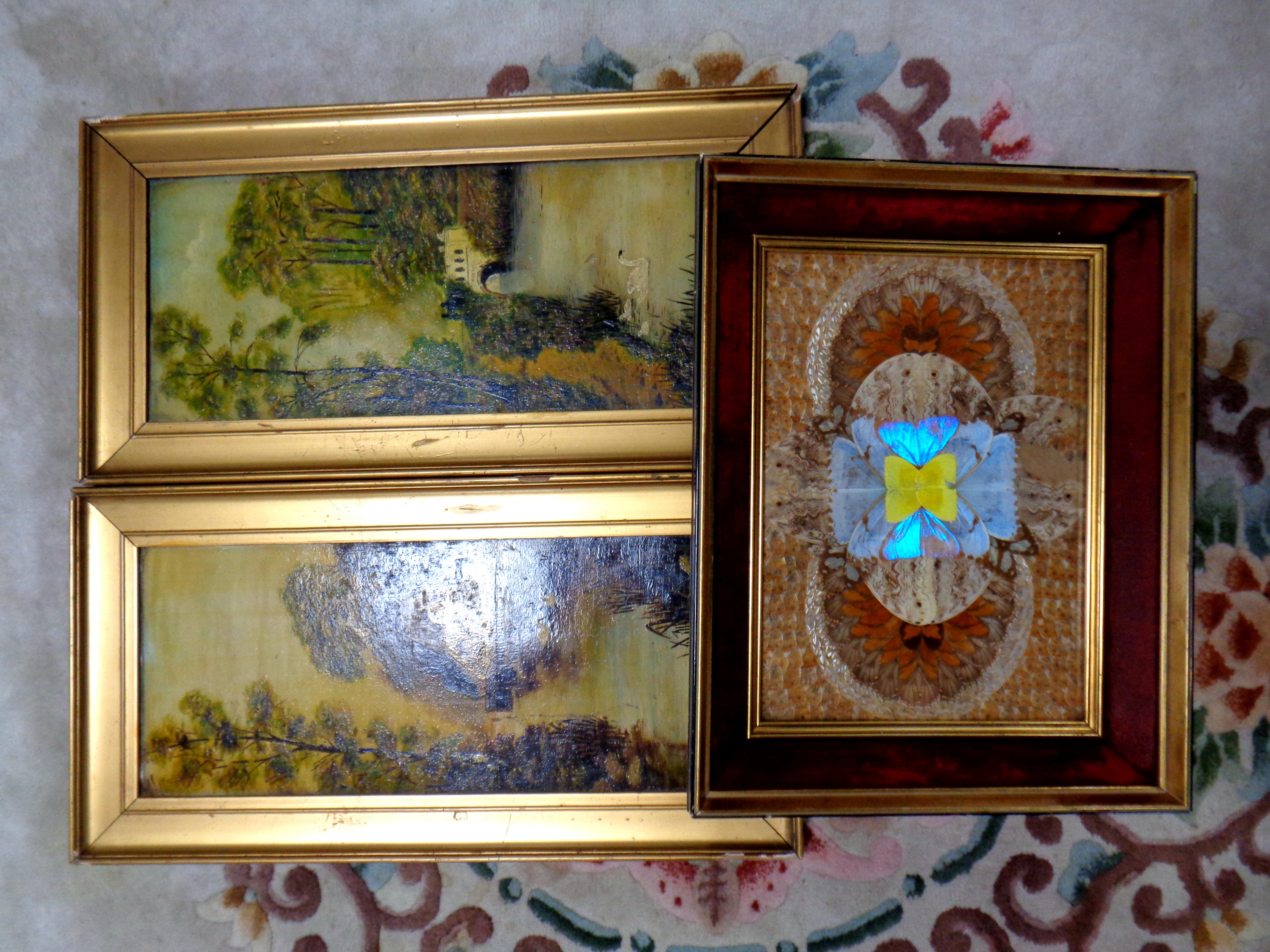 A pair of antiquarian oils on boards, river scenes, in gilt frames,