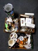 Three boxes containing miscellaneous china and glassware to include continental figures,