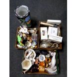 Three boxes containing miscellaneous china and glassware to include continental figures,