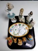 A tray containing boxed miniature coffee service, five Pendelfin figures, china figurines,