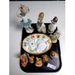 A tray containing boxed miniature coffee service, five Pendelfin figures, china figurines,