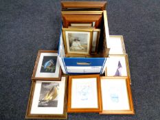 A box containing a quantity of framed pictures and prints to include Joel Kirk sailing prints,