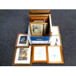 A box containing a quantity of framed pictures and prints to include Joel Kirk sailing prints,