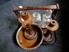 A tray of early 20th century oak barley twist candlesticks, oak and silver plated fruit bowl,